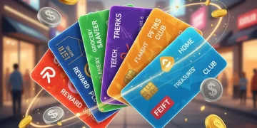Illustration of U.S. retailer loyalty cards fanned out with coins, representing maximized rewards points and savings for 2026.