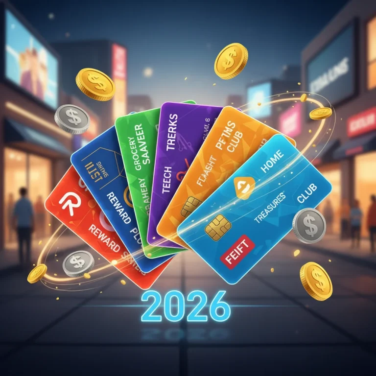 Illustration of U.S. retailer loyalty cards fanned out with coins, representing maximized rewards points and savings for 2026.