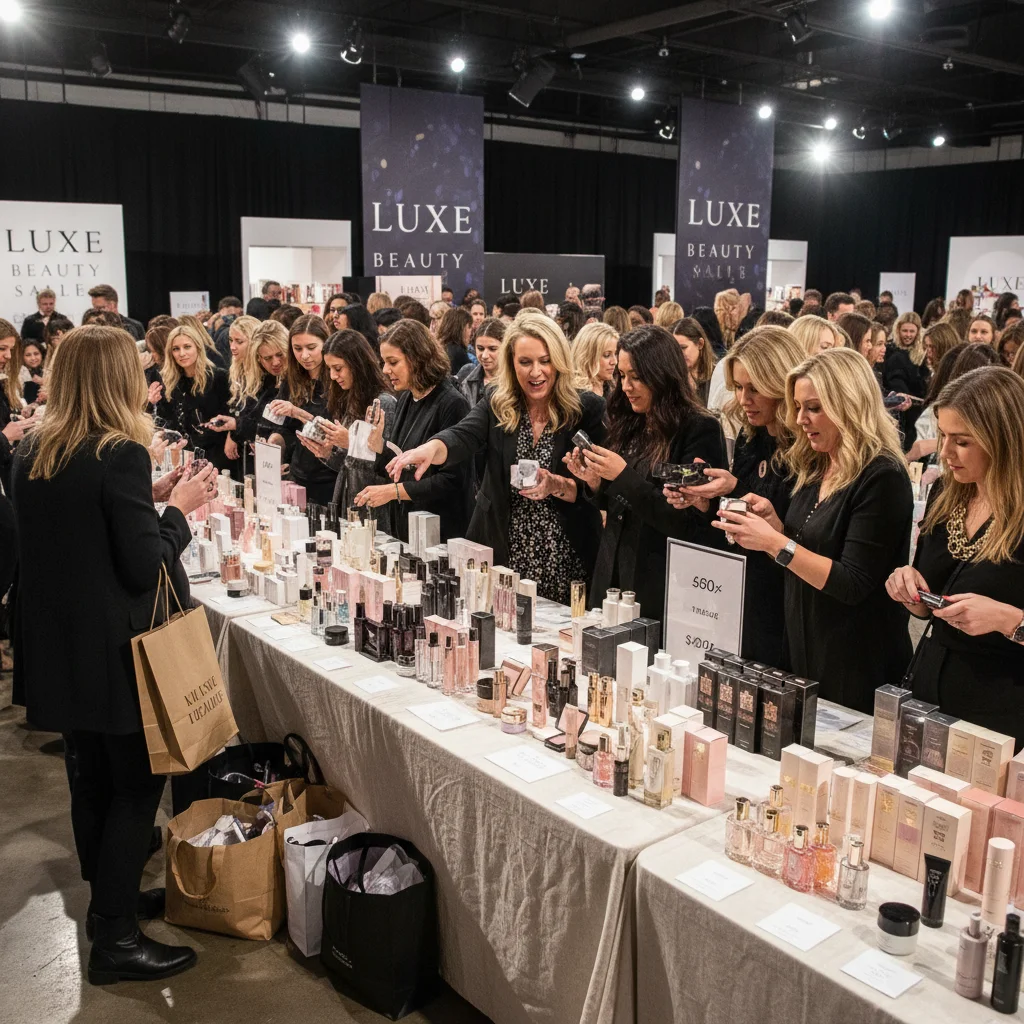 Shoppers excitedly browsing luxury beauty products at a sample sale