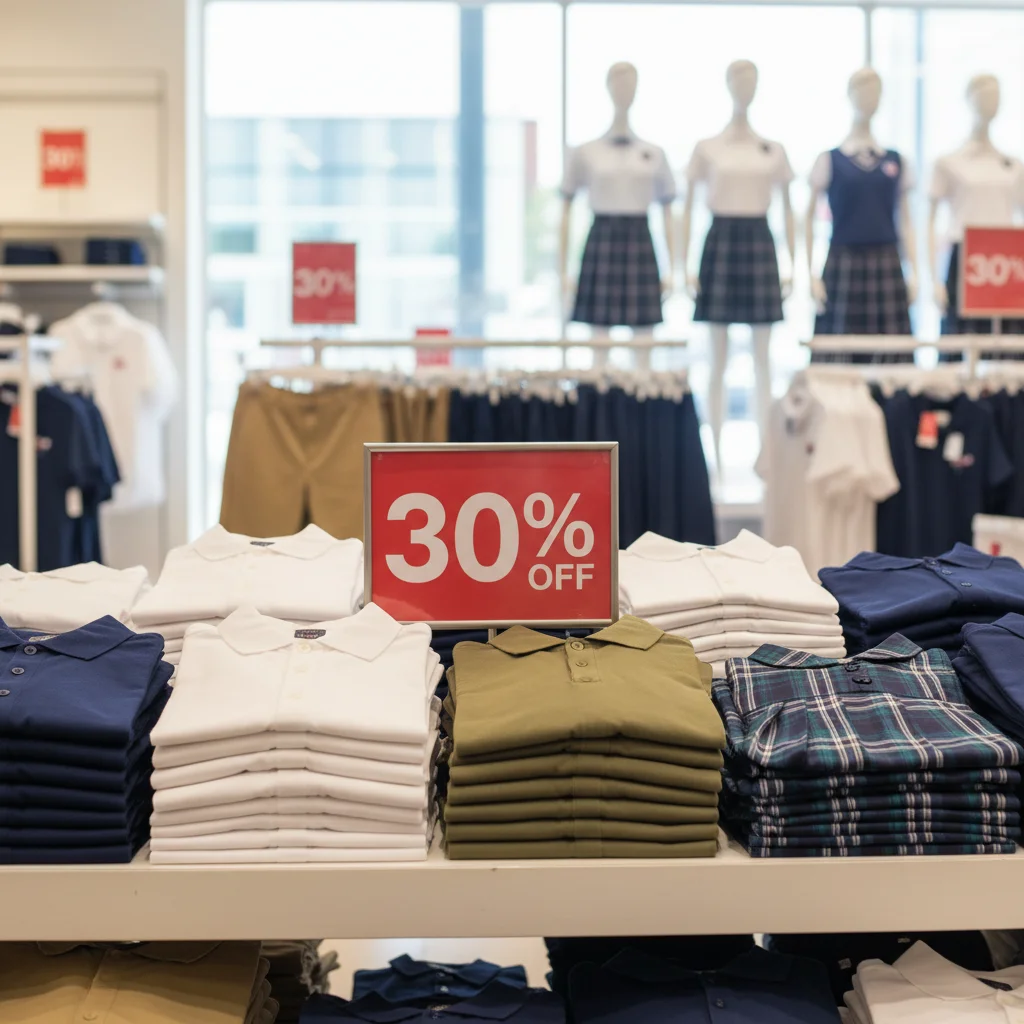School uniforms on sale, 30 percent off for back-to-school.