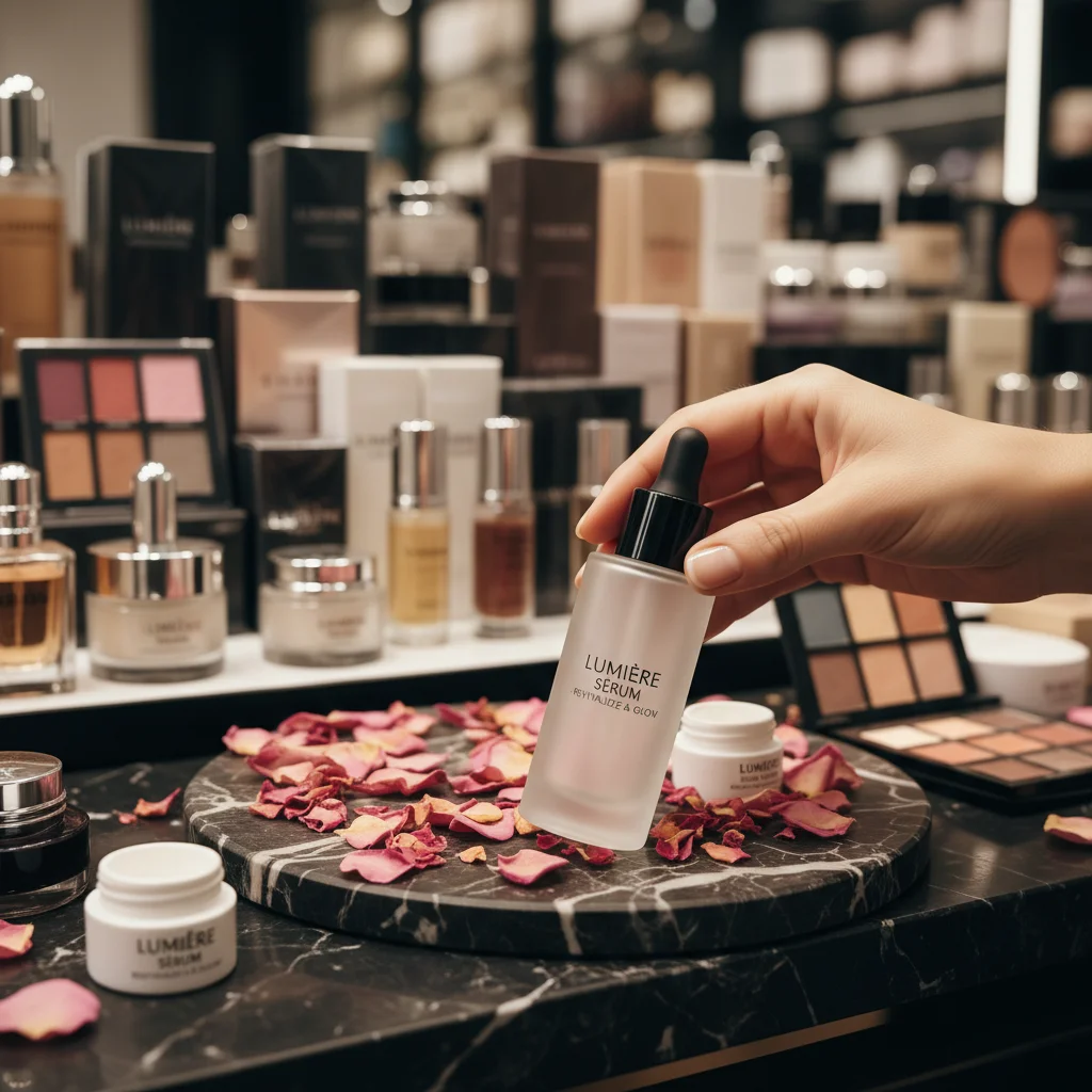 Hand selecting a premium skincare product at a beauty sample sale