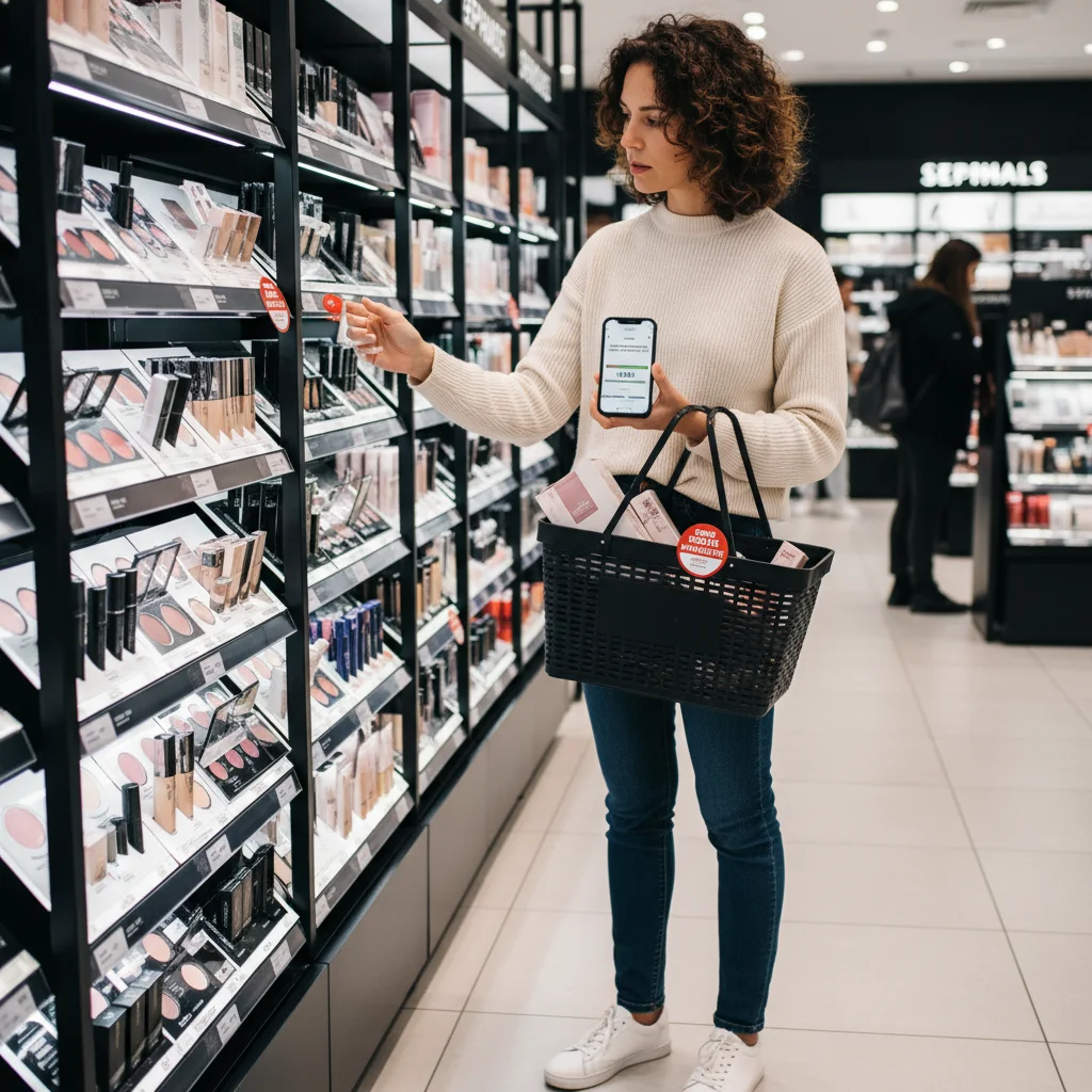 Shopper in Sephora store aisle, examining beauty products, making strategic purchase for points.