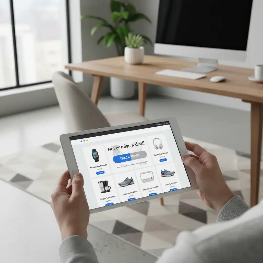 Hands holding a tablet, setting a price tracking alert on an e-commerce site.
