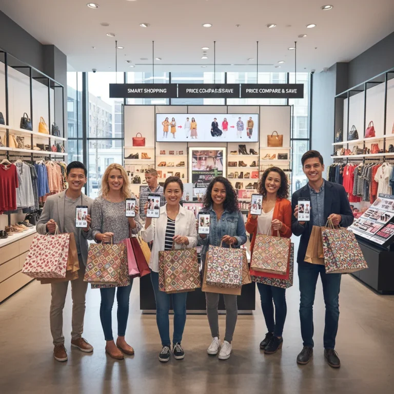 Shoppers comparing prices on smartphones in a modern retail store