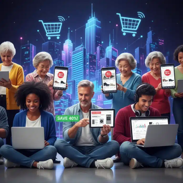 Shoppers comparing prices on smartphones and laptops for smart buying in the U.S.