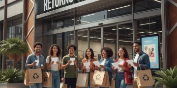 Shoppers with bags and receipts at a modern retail store return desk, symbolizing easy returns.