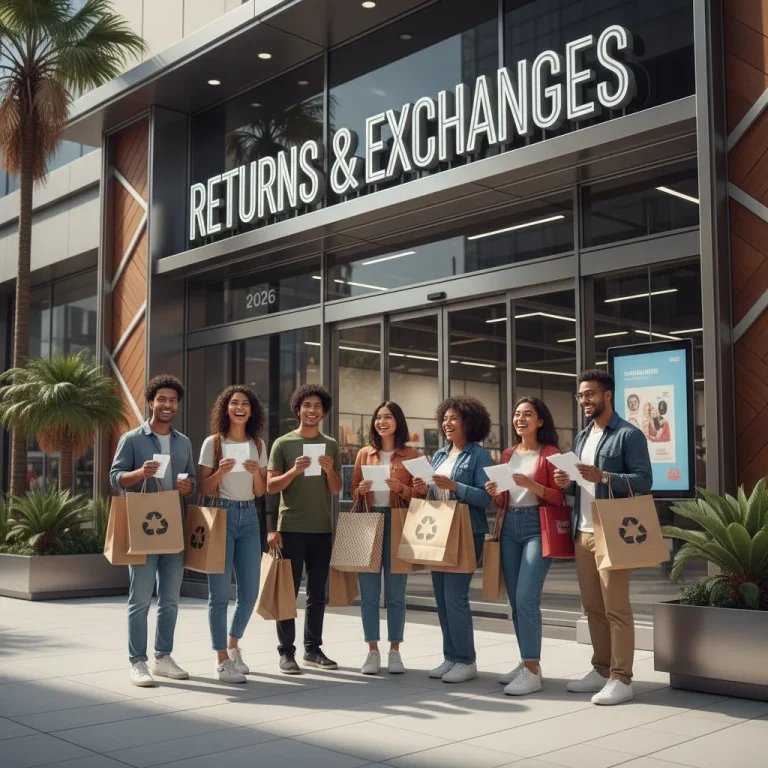 Shoppers with bags and receipts at a modern retail store return desk, symbolizing easy returns.