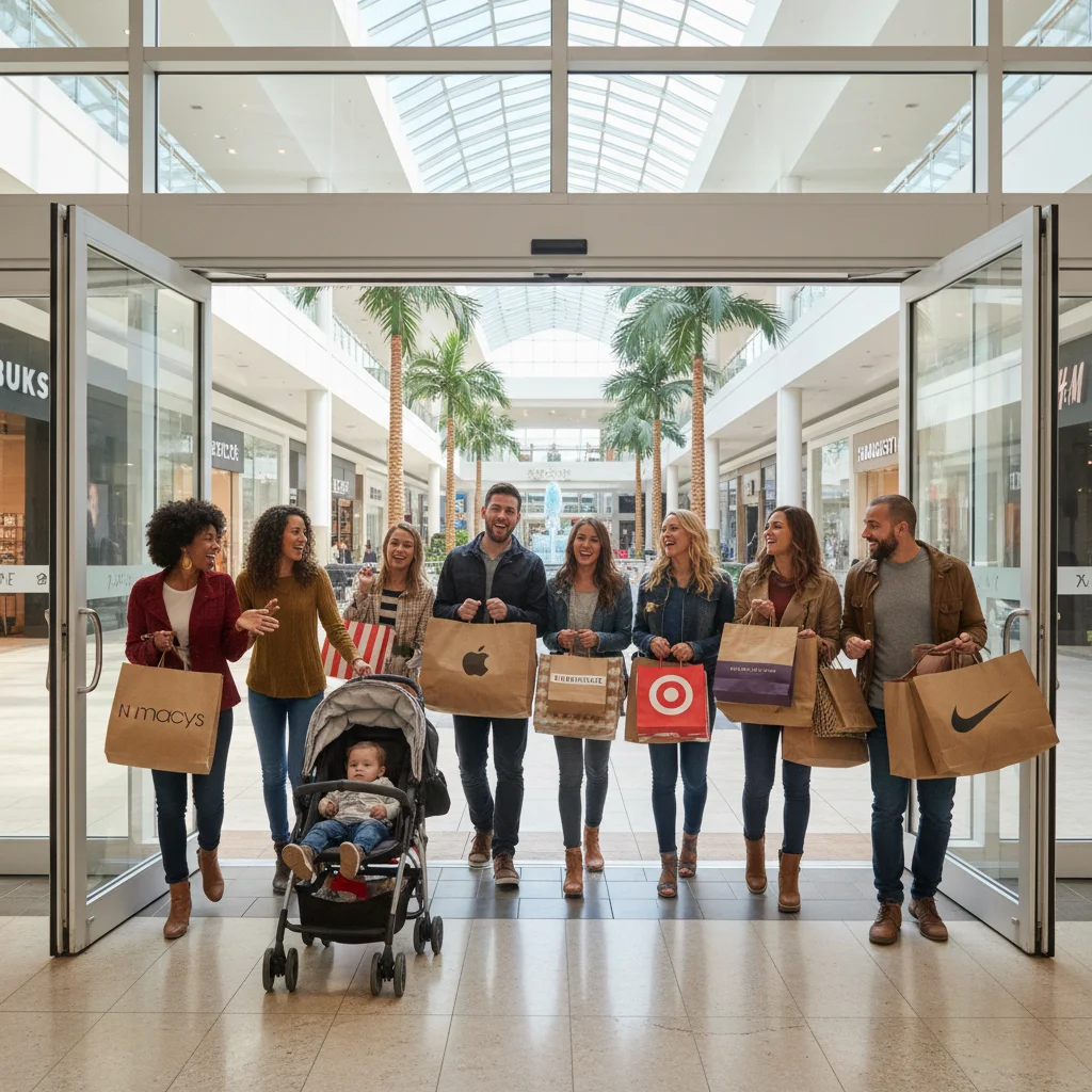 Happy shoppers leaving a mall with shopping bags, symbolizing successful use of retailer loyalty programs.