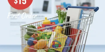 Shopping cart with $15 off first order over $75 exclusive offer banner 2026