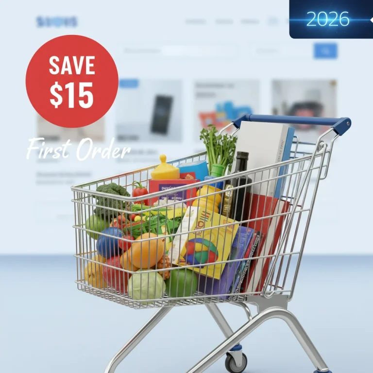 Shopping cart with $15 off first order over $75 exclusive offer banner 2026
