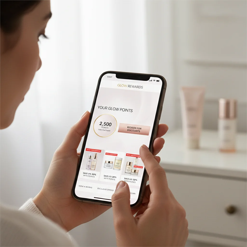 Person using smartphone to access loyalty program for skincare discounts.