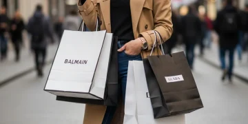 Smiling person holding shopping bags and a credit card, symbolizing smart apparel spending