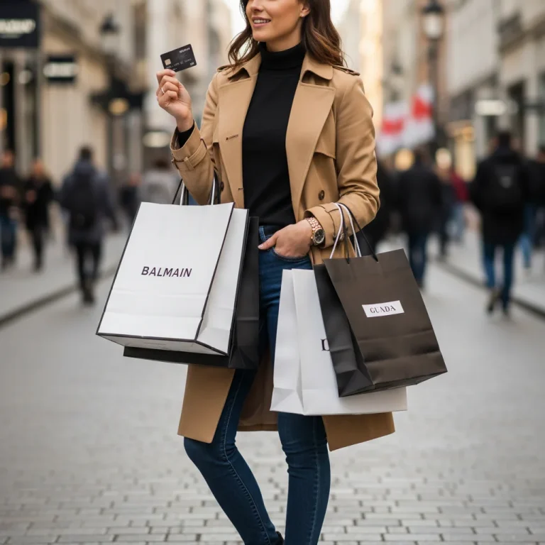 Smiling person holding shopping bags and a credit card, symbolizing smart apparel spending