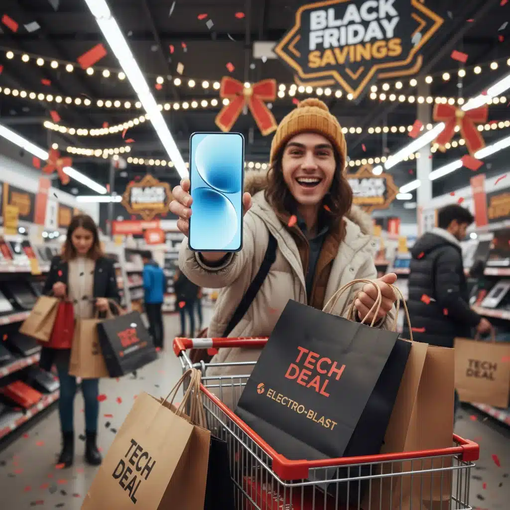 Person smiling with new smartphone during Black Friday sale