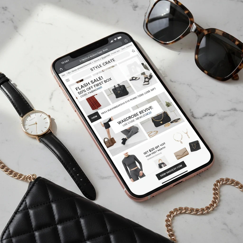 Smartphone displaying fashion subscription box discount codes and deals