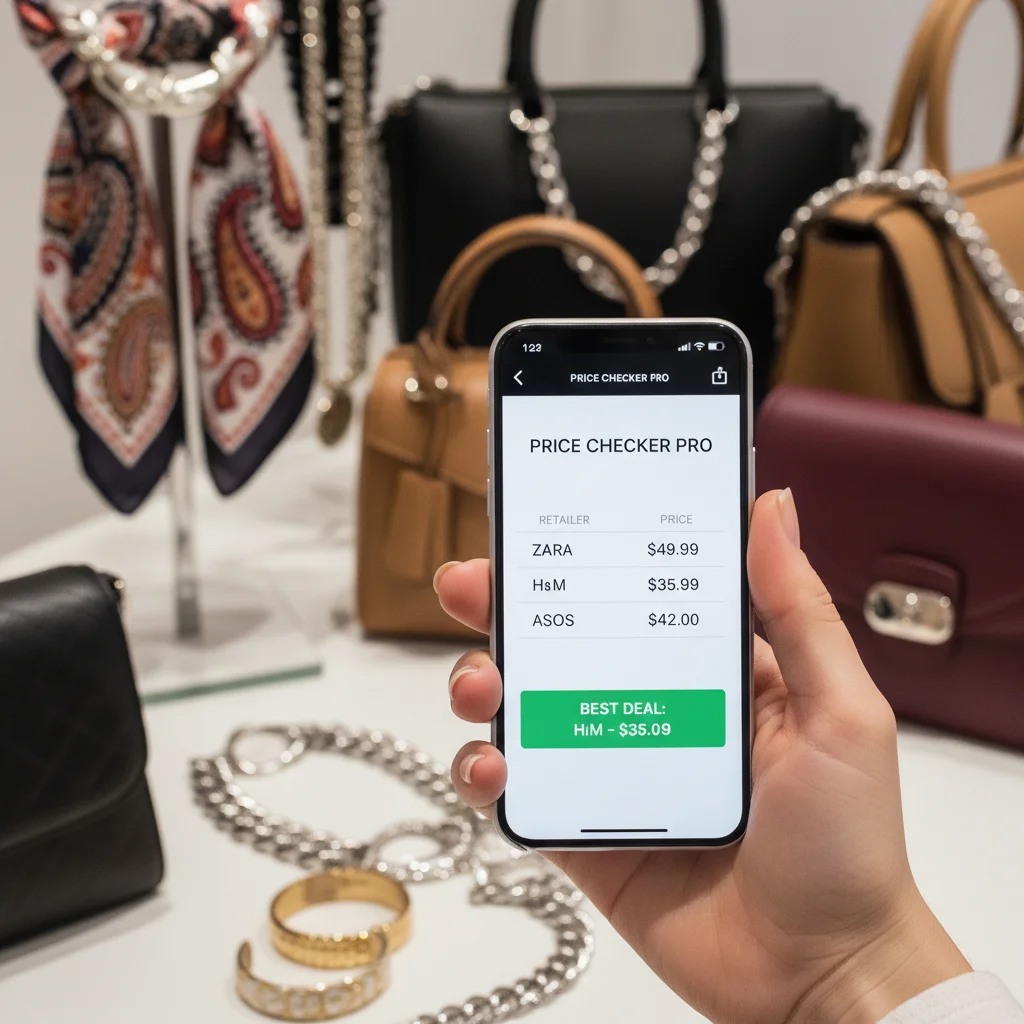 Hand holding smartphone with price comparison app