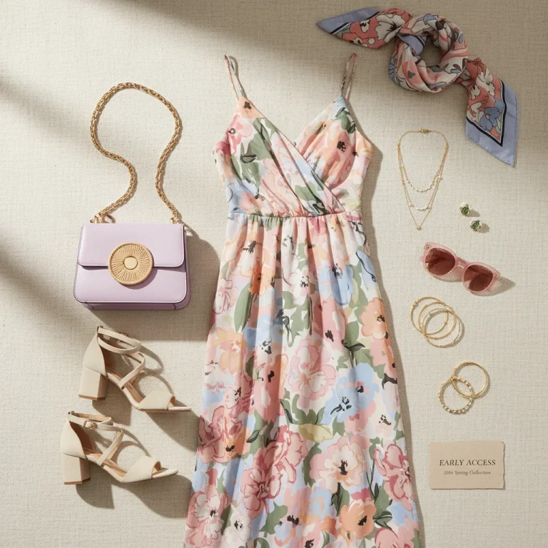 Stylish new spring collection 2026 items arranged for early access shopping promotion.