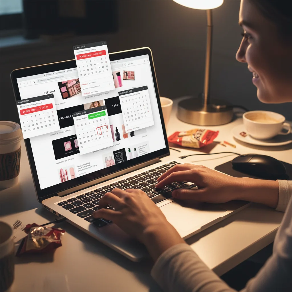 Person planning beauty flash sale purchases on a laptop with multiple tabs open.