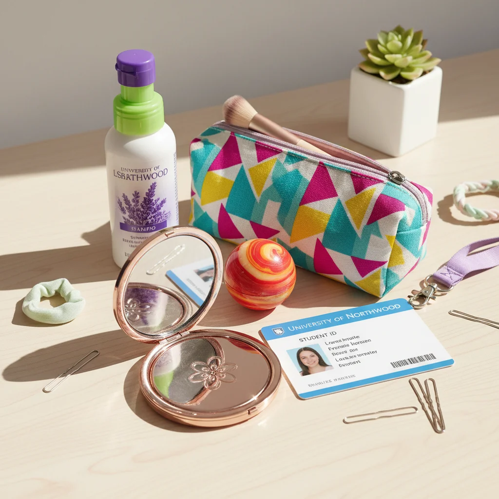 Essential student beauty products with a university ID card