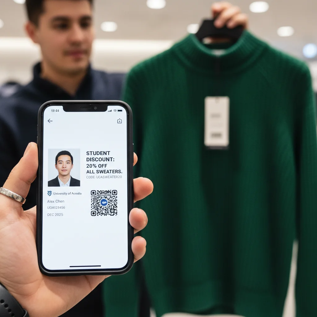 Student verifying ID on smartphone for fashion discount code