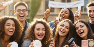 Students with beauty products, celebrating savings and discounts