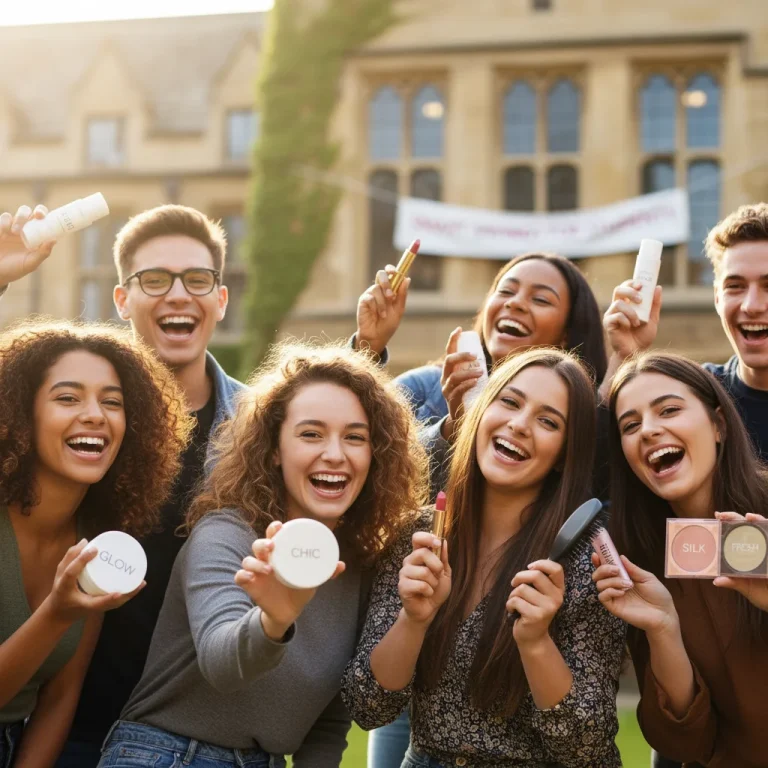 Students with beauty products, celebrating savings and discounts