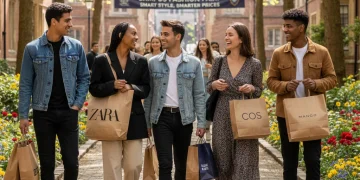 Smiling students with shopping bags on campus, enjoying fashion discounts