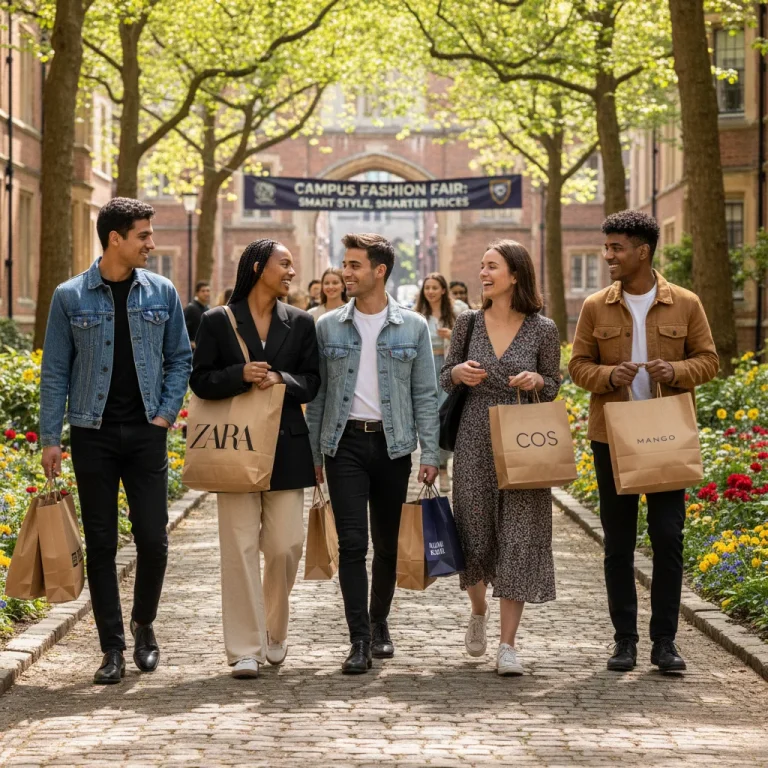 Smiling students with shopping bags on campus, enjoying fashion discounts