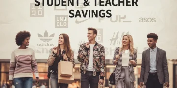 Students and teachers celebrating savings with shopping bags