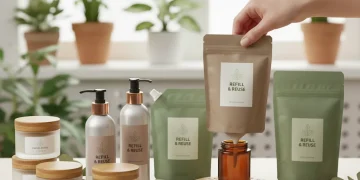 Sustainable beauty products in refillable containers, showcasing eco-friendly packaging