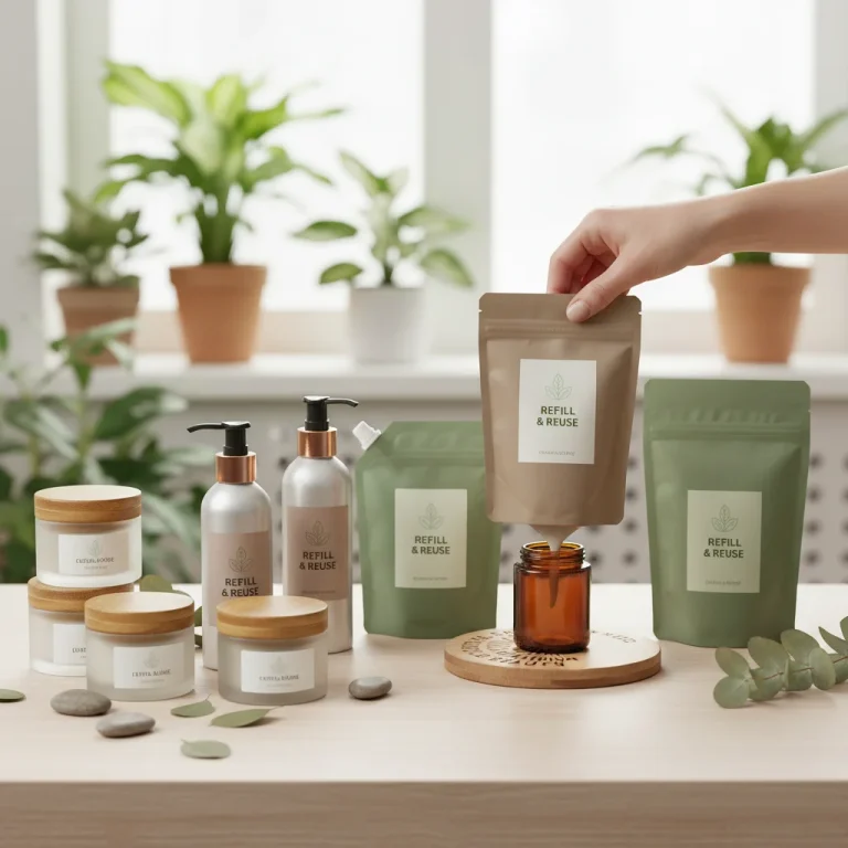 Sustainable beauty products in refillable containers, showcasing eco-friendly packaging