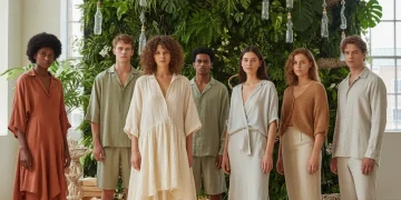 Models showcasing stylish sustainable fashion garments made from organic materials in a bright, eco-friendly setting.