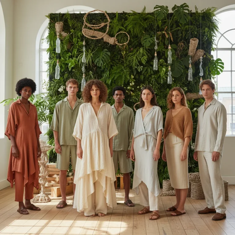 Models showcasing stylish sustainable fashion garments made from organic materials in a bright, eco-friendly setting.