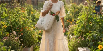 Woman in sustainable dress with shopping bag in urban garden