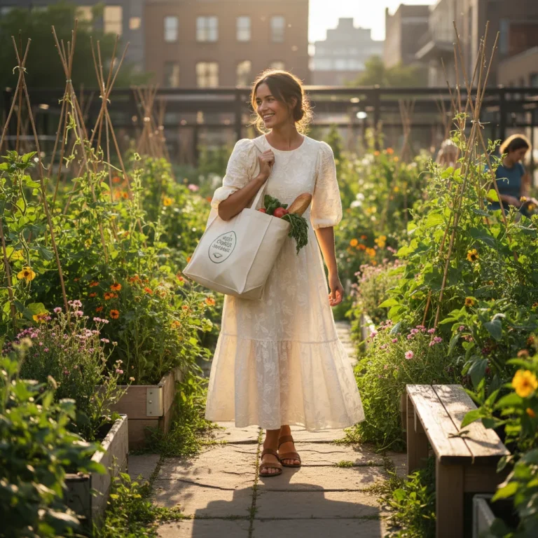 Woman in sustainable dress with shopping bag in urban garden