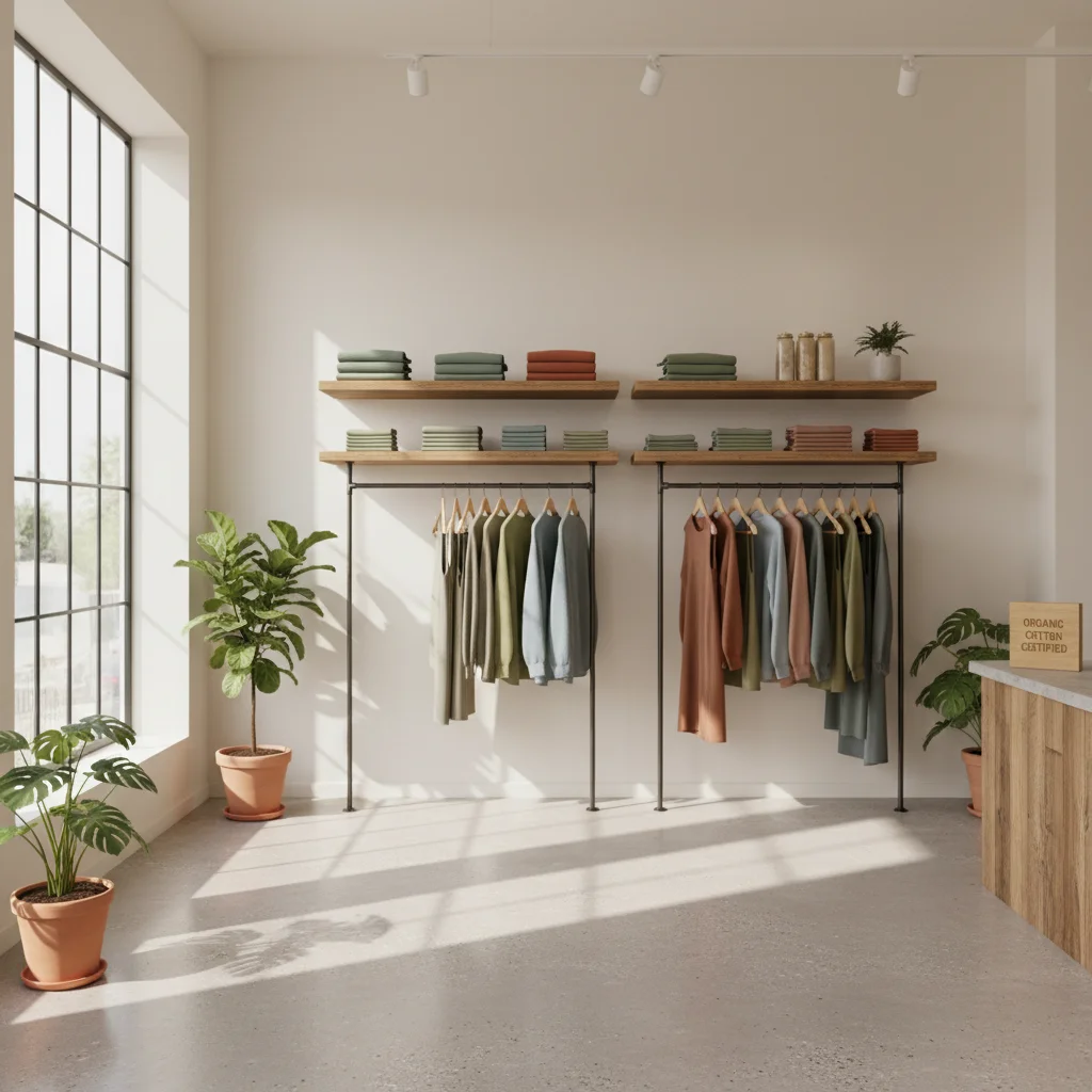 Interior of a minimalist sustainable fashion boutique with ethically sourced clothing on display.