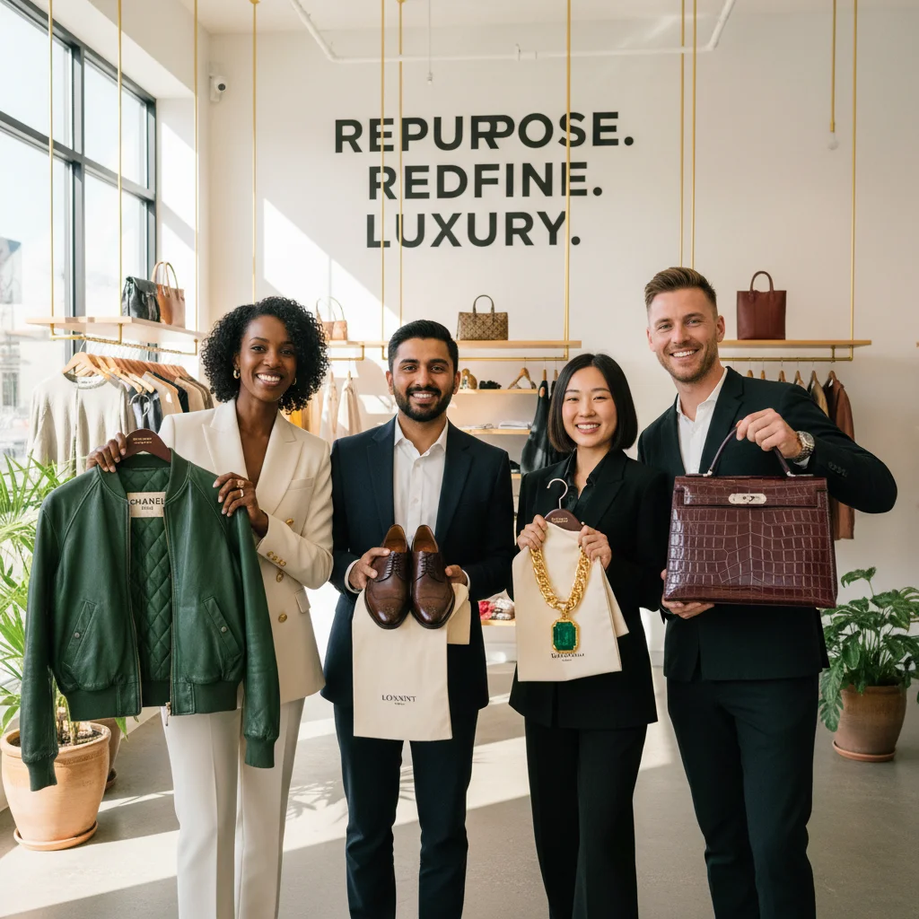 Diverse shoppers showcasing sustainable luxury fashion finds