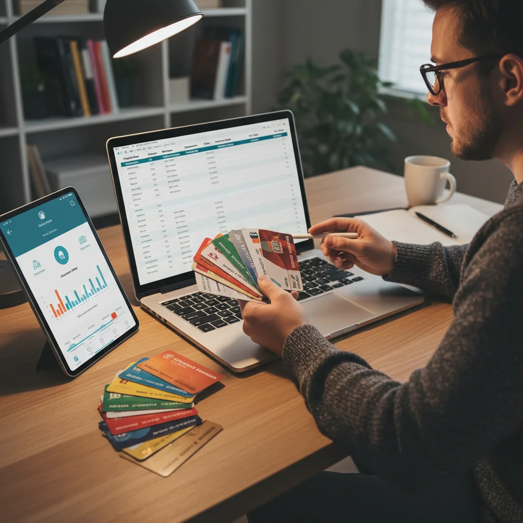Person meticulously tracking and organizing loyalty program points and rewards on a laptop and with physical cards, emphasizing strategic management.