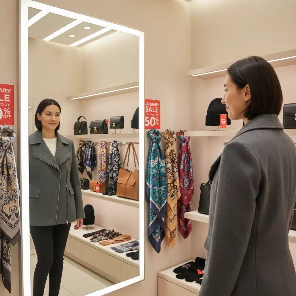 Person trying on a jacket in a changing room, surrounded by discounted fashion accessories.