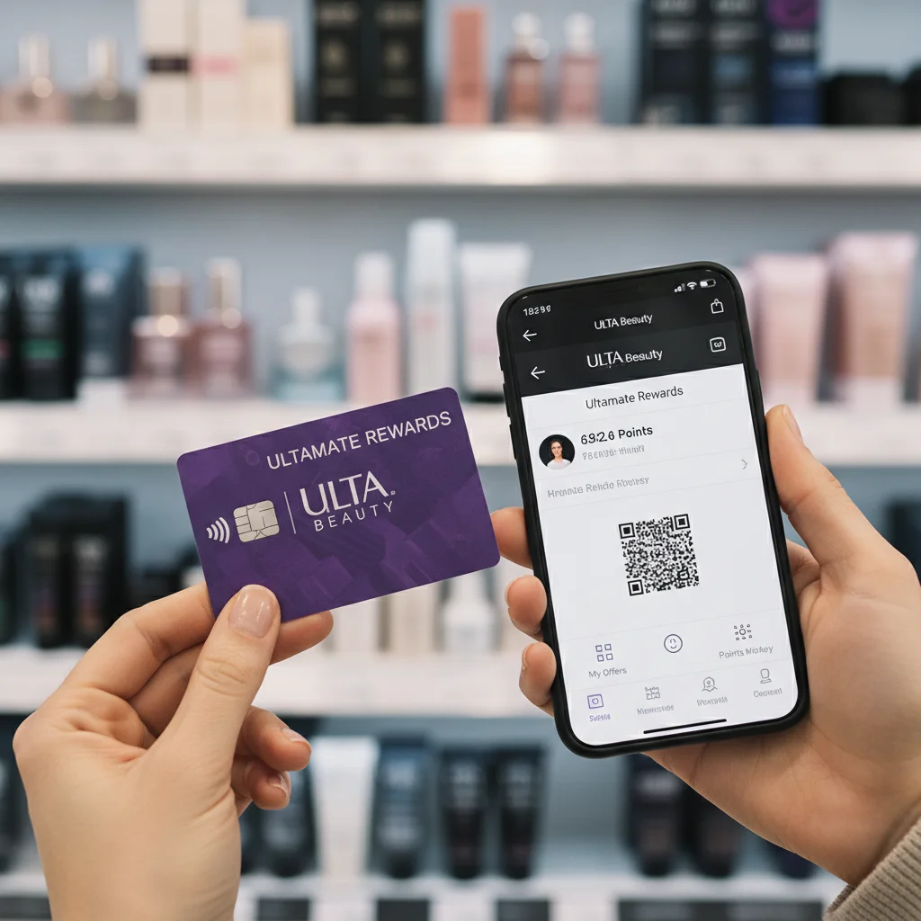 Hand holding Ulta Ultamate Rewards card with Ulta app on phone, demonstrating loyalty program usage.