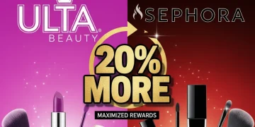 Ulta and Sephora logos with beauty products and a '20% More' graphic, representing maximized beauty rewards.