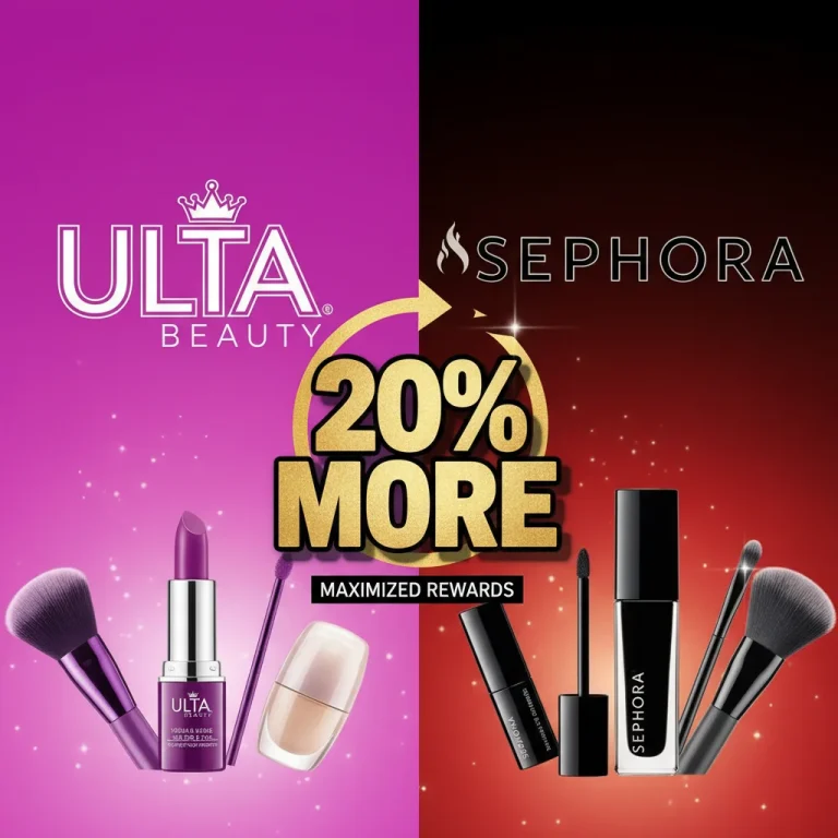 Ulta and Sephora logos with beauty products and a '20% More' graphic, representing maximized beauty rewards.