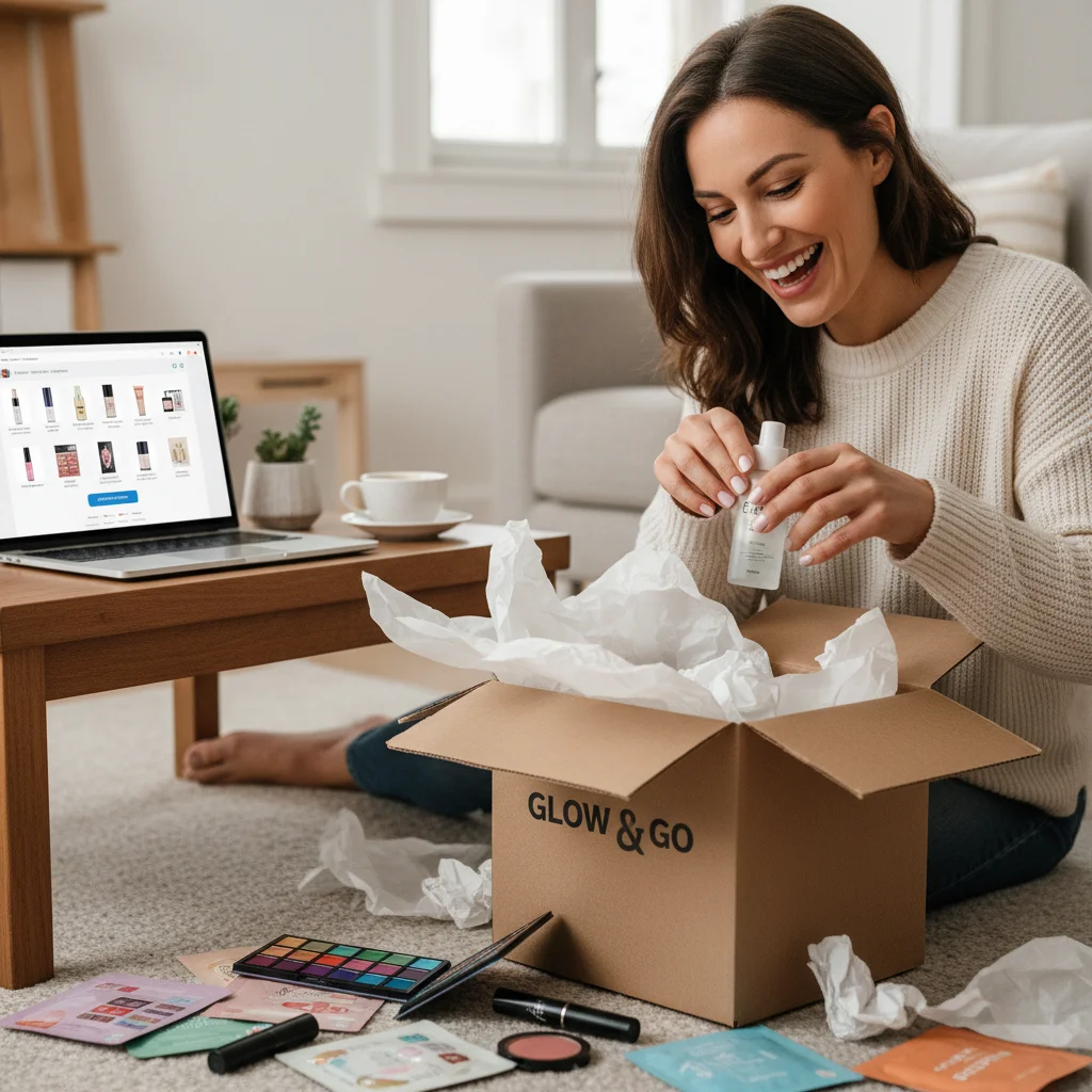 Excited customer unboxing a beauty haul after using a first purchase discount code.