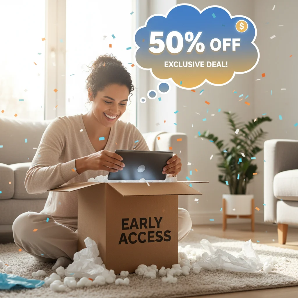 Person unboxing new product with discount thought bubble