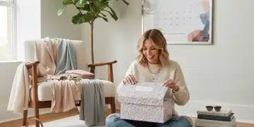 Woman happily unboxing a style subscription box with new clothes and accessories