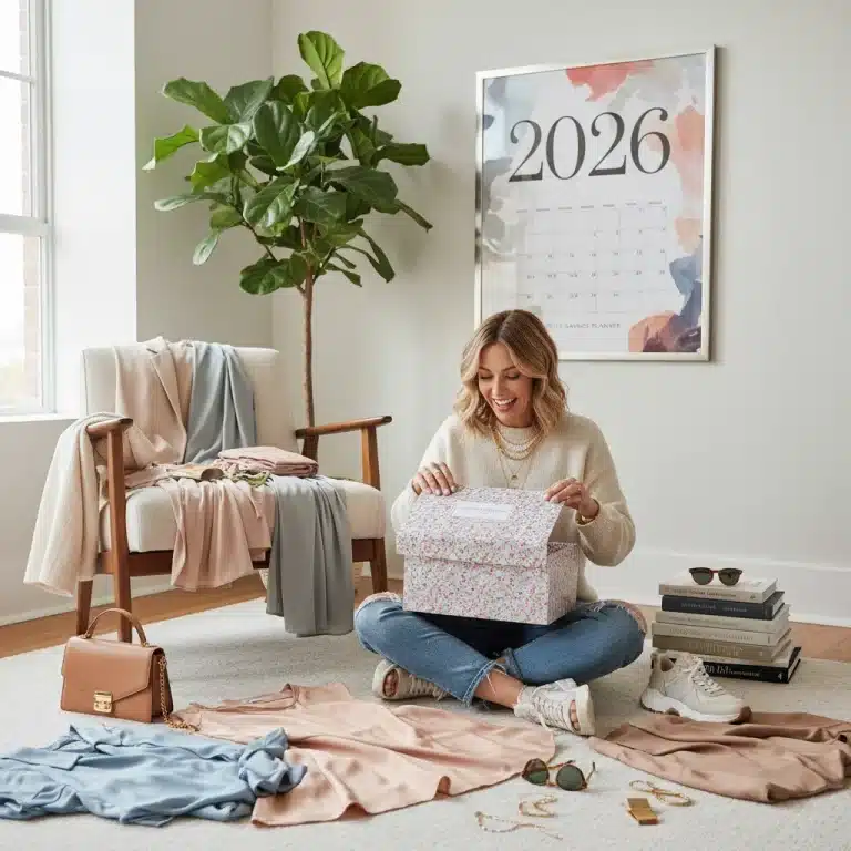 Woman happily unboxing a style subscription box with new clothes and accessories