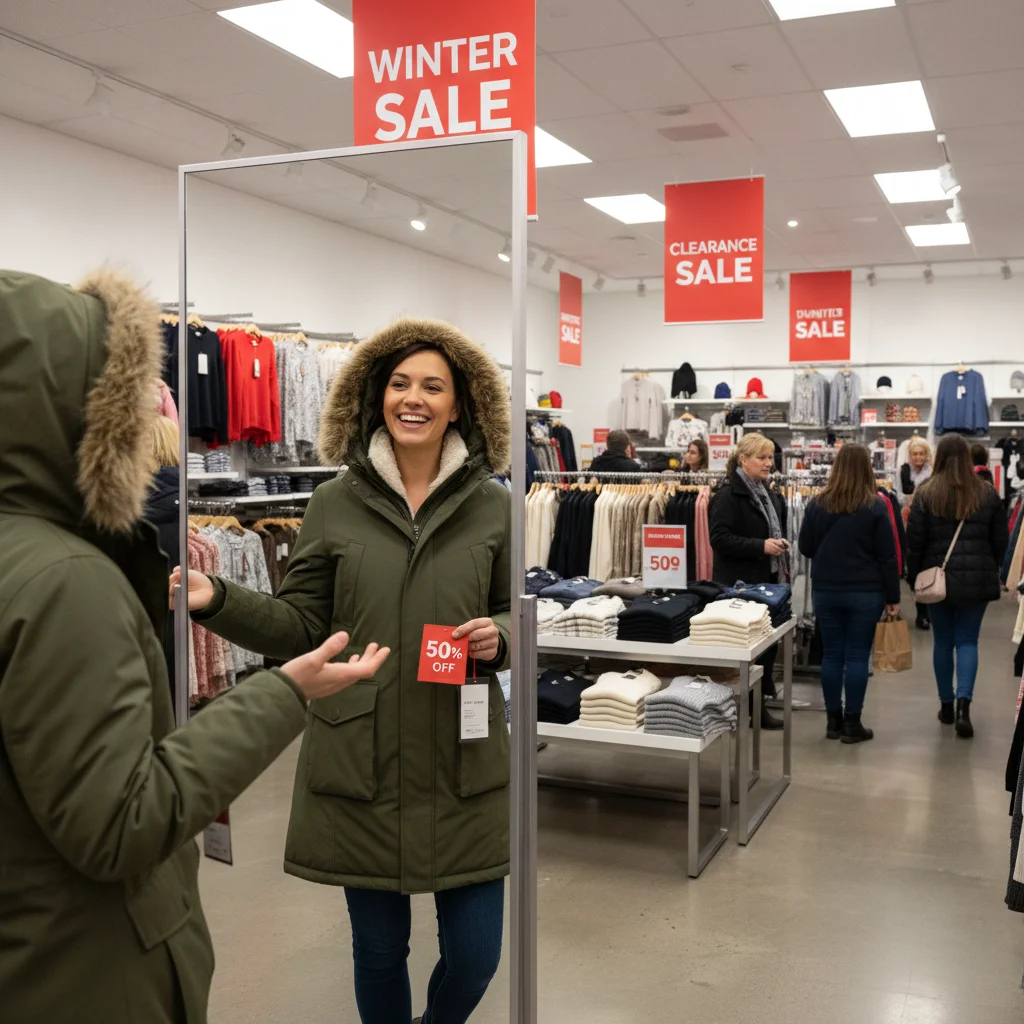 Shopper trying on a discounted winter coat during a clearance event, looking happy.