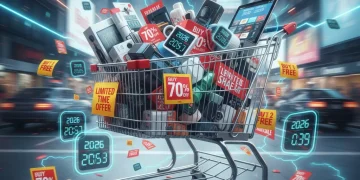 Shopping cart with flash sale items and digital clocks for 2026 U.S. deals.