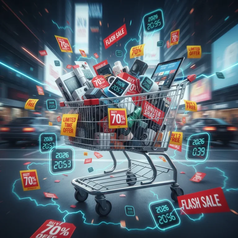 Shopping cart with flash sale items and digital clocks for 2026 U.S. deals.