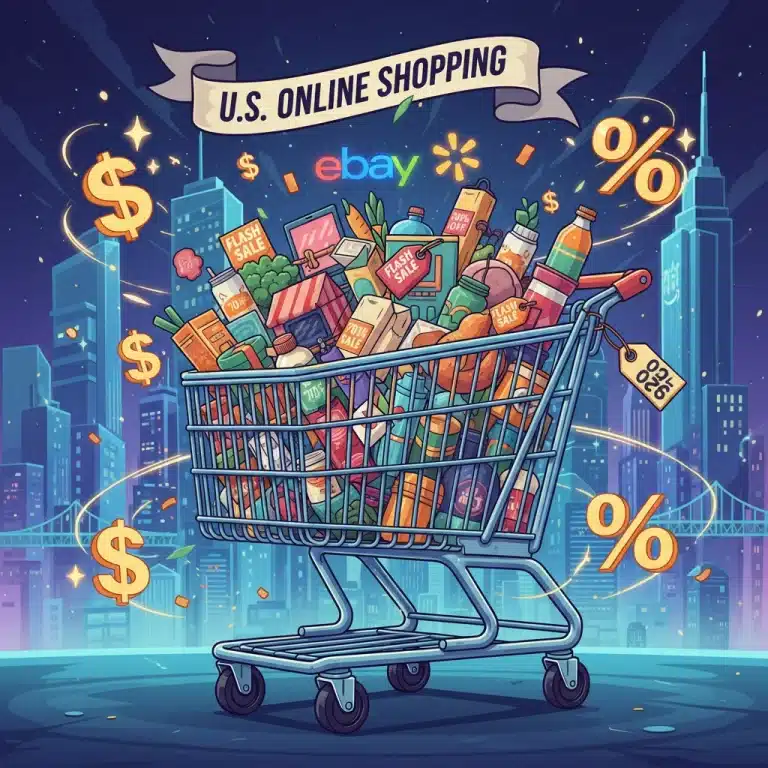 Shopping cart full of discounted items symbolizing U.S. online savings in 2026.